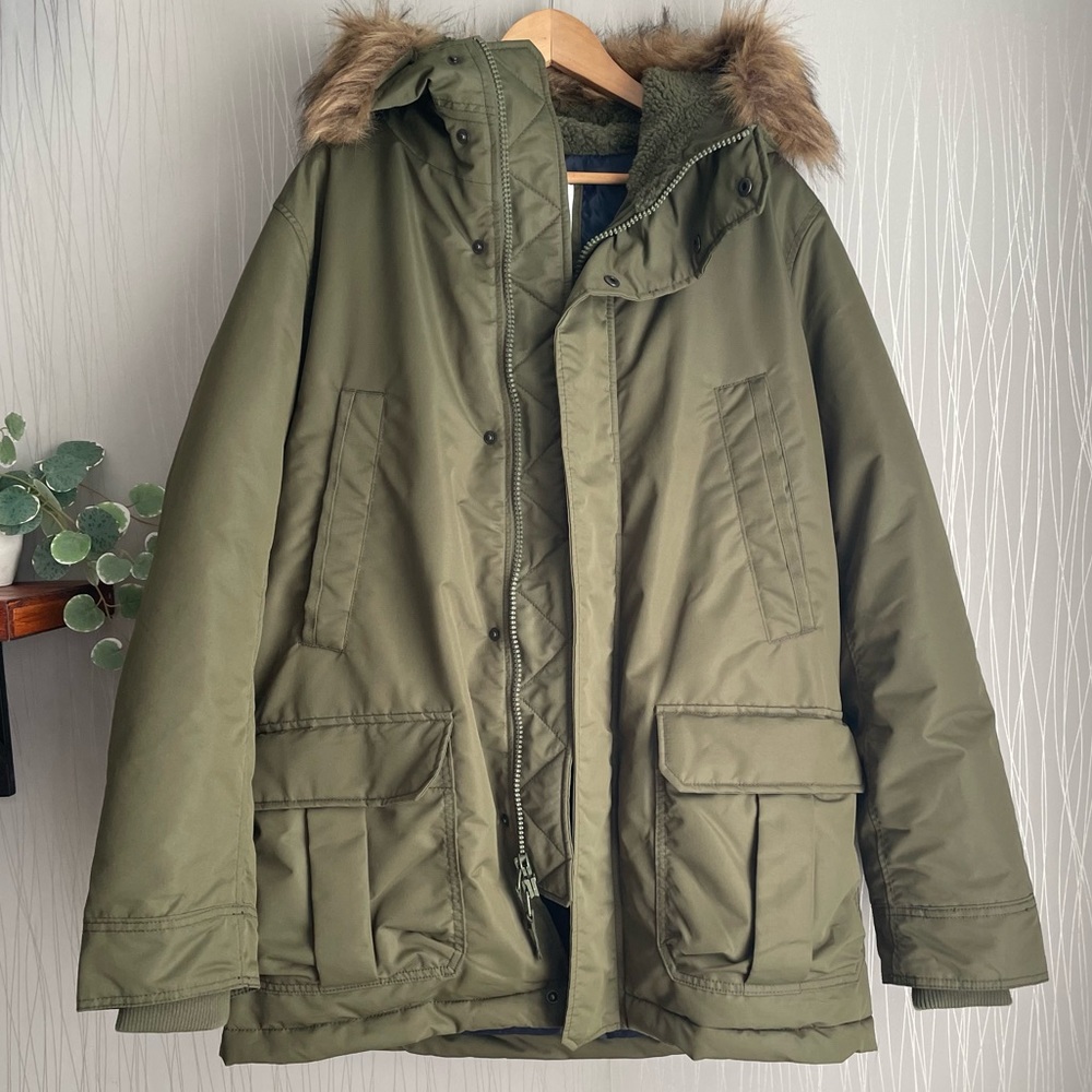 Gap Men’s Olive Green Winter Parka Cold Control Max Snorkel Coat Size Large - Picture 16 of 16
